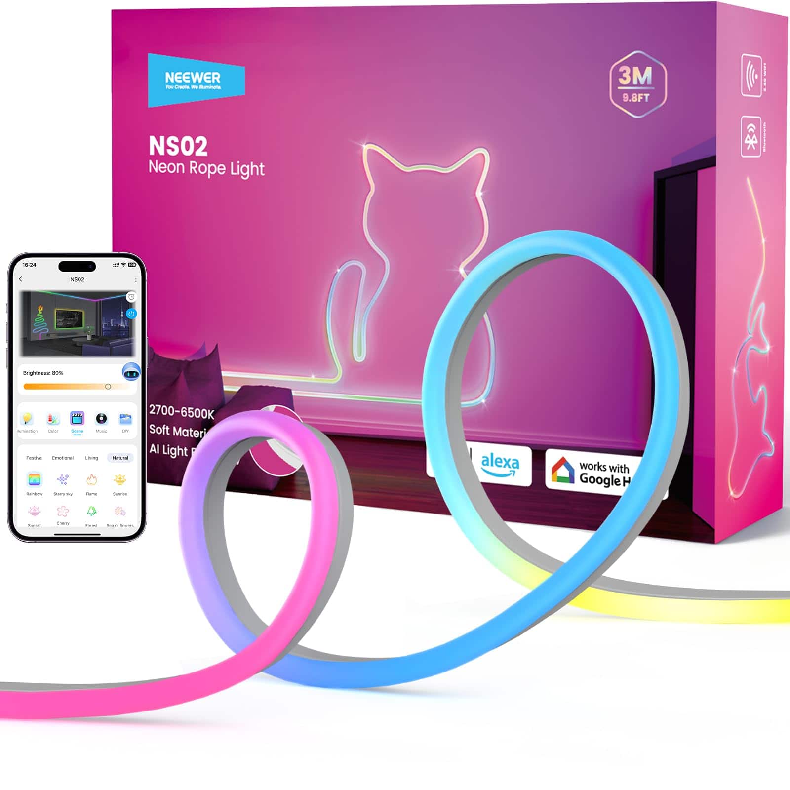 Neewer - 10ft Smart AI RGB Neon Rope Light - App Controlled, Cuttable LED Strip for Room & Wall Decor