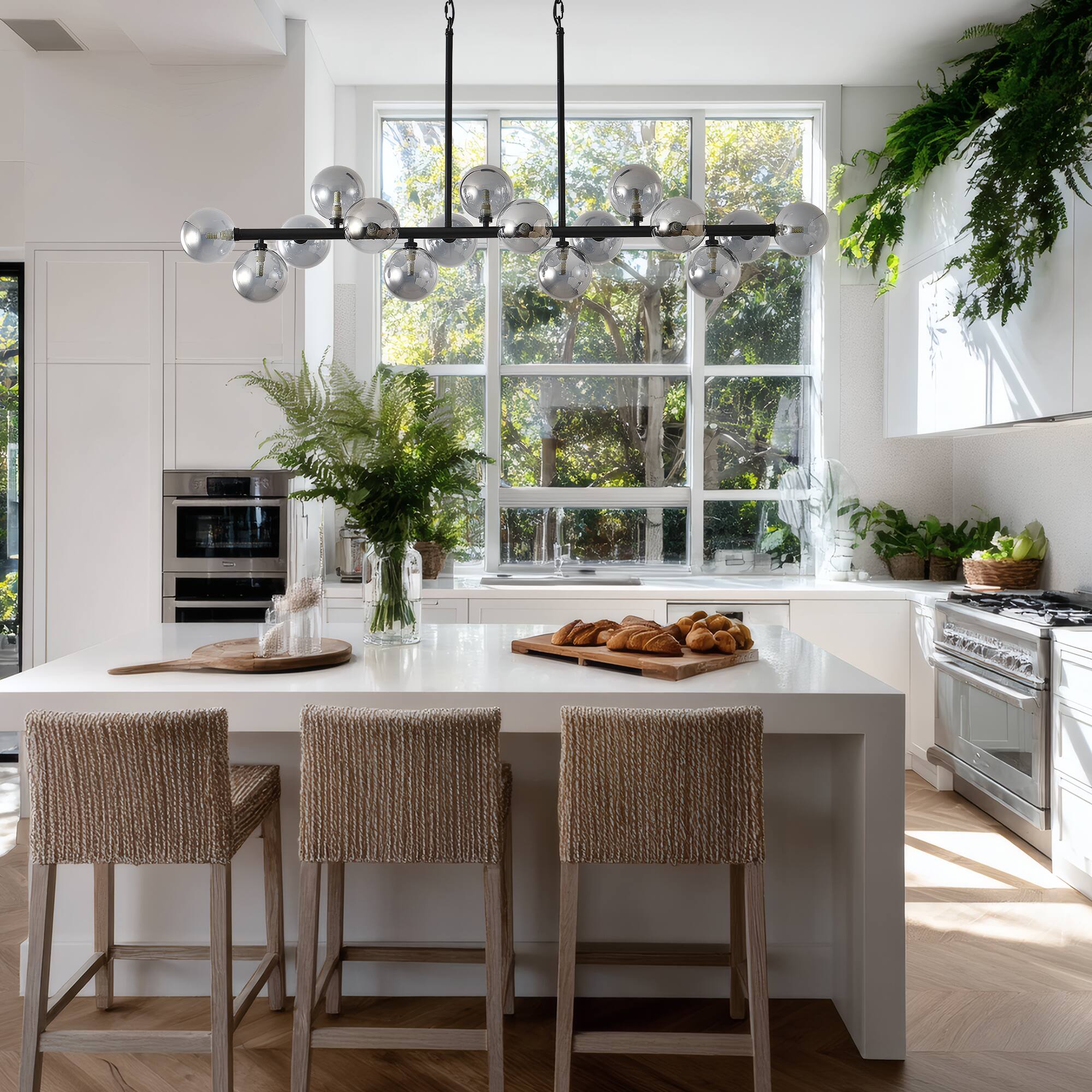 Alt View 1. RYHNUYNE - 55 Inch Industrial Sputnik Chandelier 16-Light Linear Pendant Smoky Gray Glass Globes Adjustable for Kitchen Island.