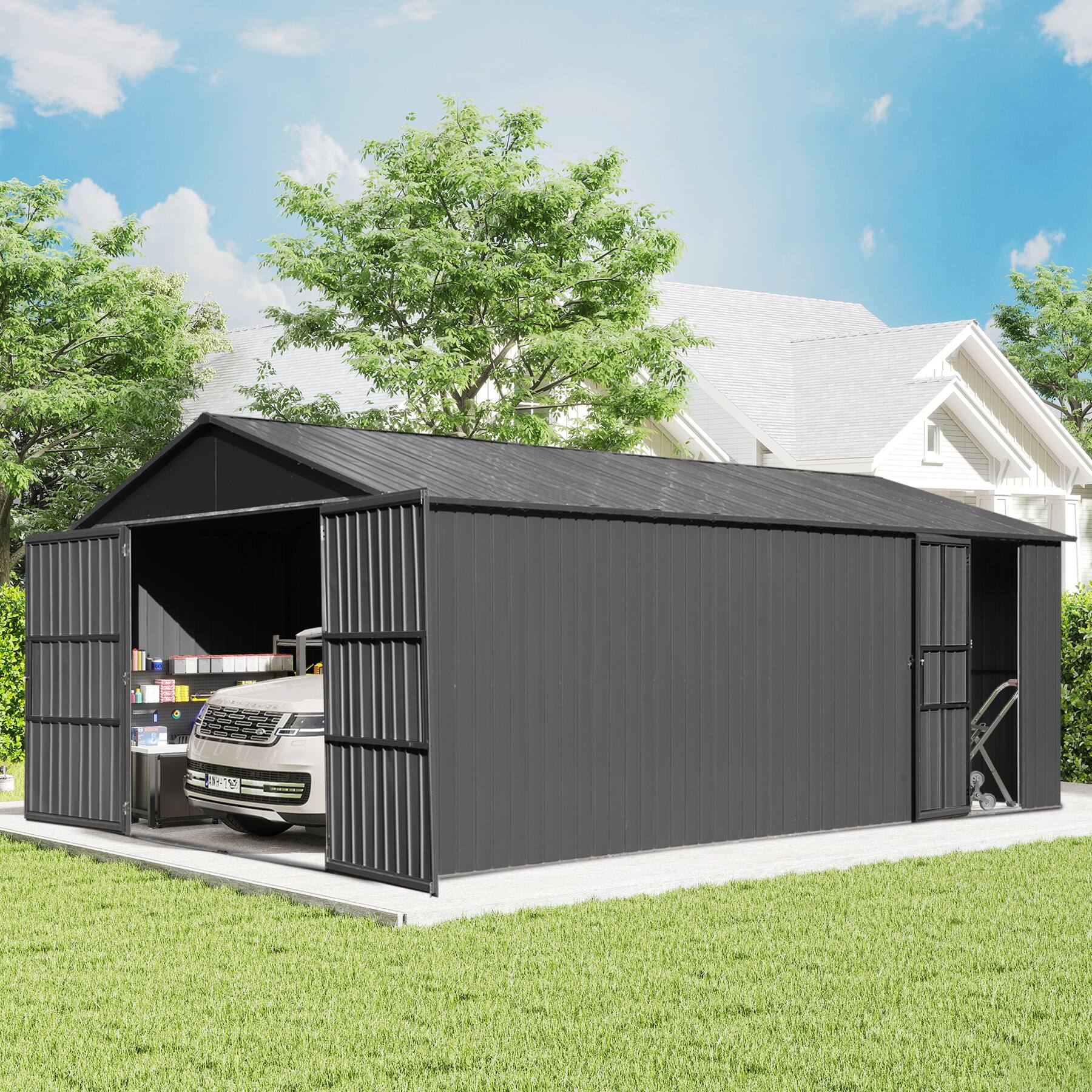 Angle. Mondawe - 12x15FT Metal Garage Shed, Extra-Large Carport with Lockable Double Doors - Dark Gray.
