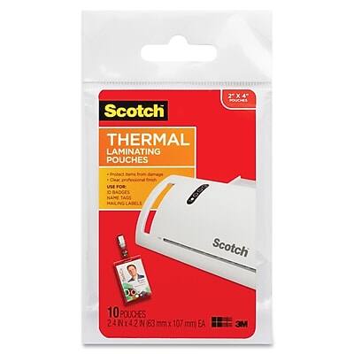 Scotch
Thermal Laminating Pouches
2" x 4"
Protect from damage
• Cards
• Badges
• Name Tags
• Mailing Labels
10 Pouches
24 in x 4 in (63 mm x 107 mm) EA
3M