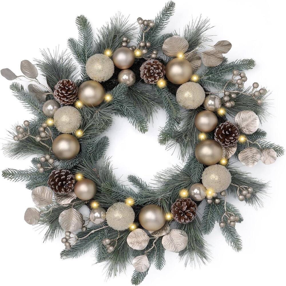 Front. RTMB - 24" Pre-Lit Christmas Wreath with White & Gold Balls, Outdoor/Indoor - Color: White/Gold Size: 24 Inch.