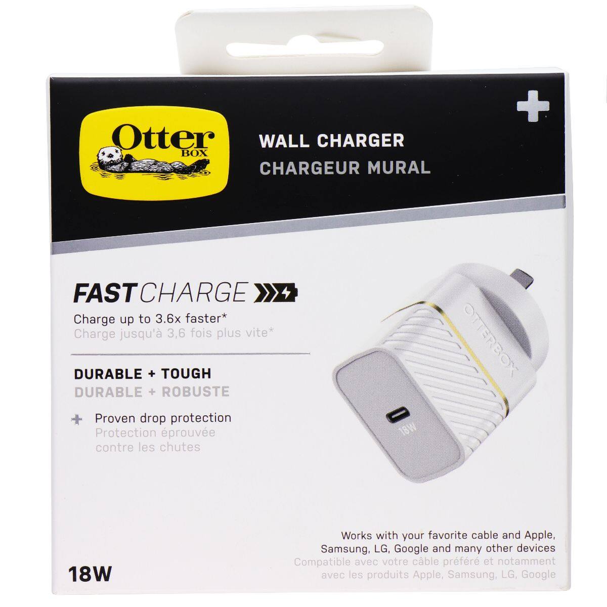 Otter WALL CHARGER BOX CHARGEUR MURAL

FASTCHARGE
Charge up to 3.6x faster* 
Charge jusqu'à 3,6 fois plus vite*

DURABLE + TOUGH
DURABLE + ROBUSTE
Proven drop protection
Protection éprouvée contre les chutes

18W

Works with your favorite cable and Apple, Samsung, LG, Google and many other devices
Compatible avec votre câble préféré et notamment avec les produits Apple, Samsung, LG, Google