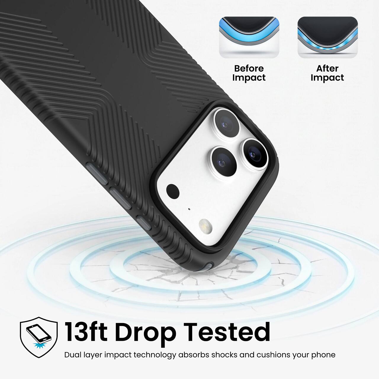 Before Impact  
After Impact  
13ft Drop Tested  
Dual layer impact technology absorbs shocks and cushions your phone