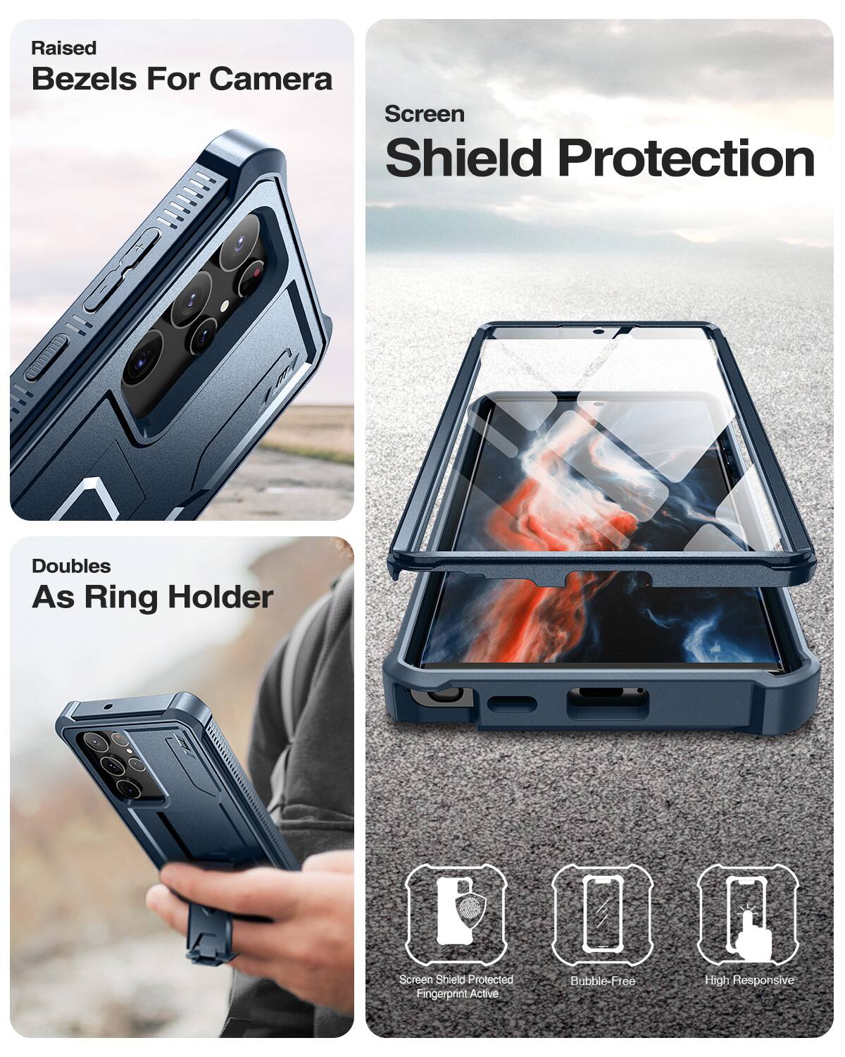 Raised Bezels For Camera, Screen Shield Protection, Doubles As Ring Holder, Screen Shield Protected, Fingerprint Active, Bubble-Free, High Responsive