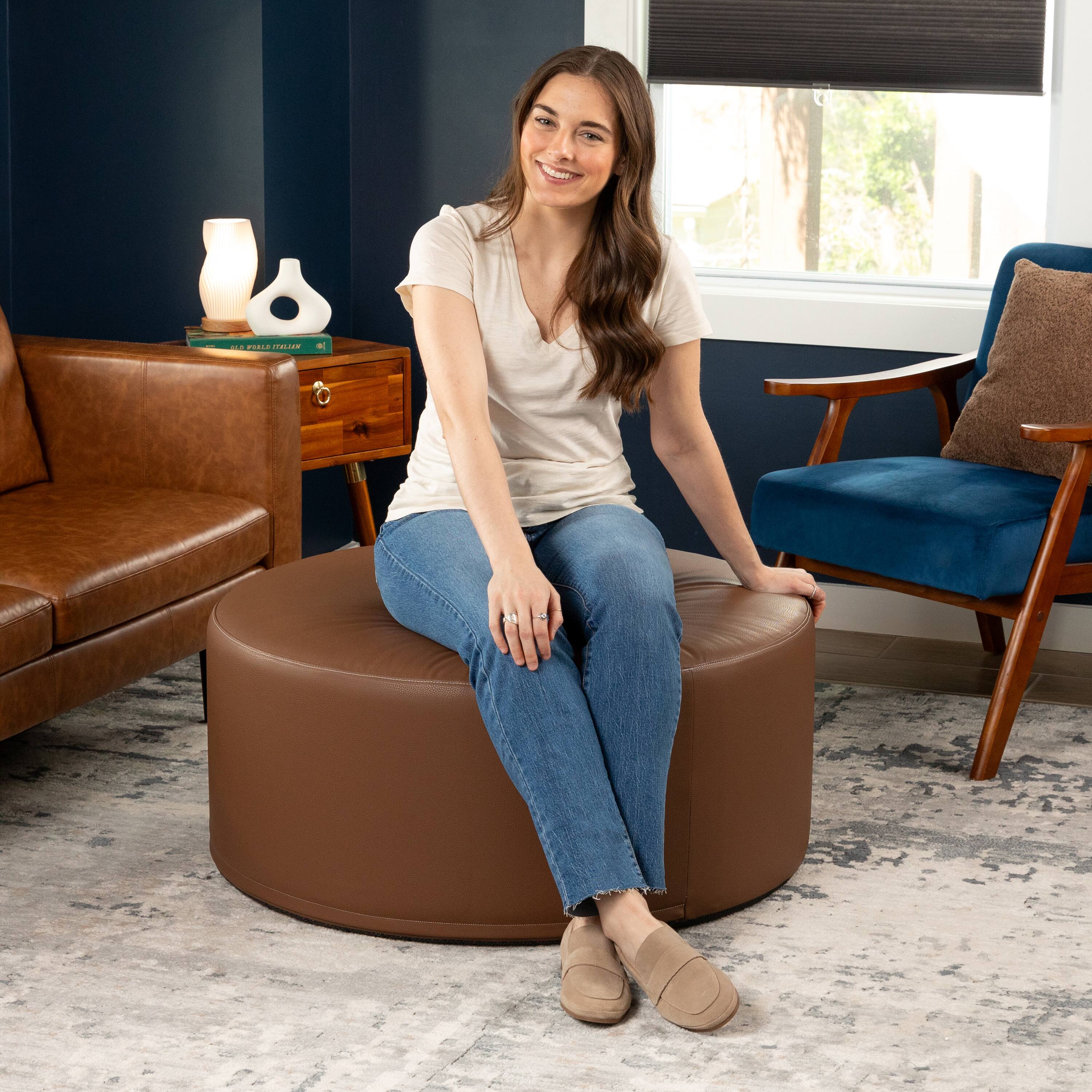 Left. Jaxx - Jaxx Candler Round Couch Oversized Giant Coffee Table Ottoman, Kid Safe with Removable Cover, Walnut - Faux Leather Walnut.