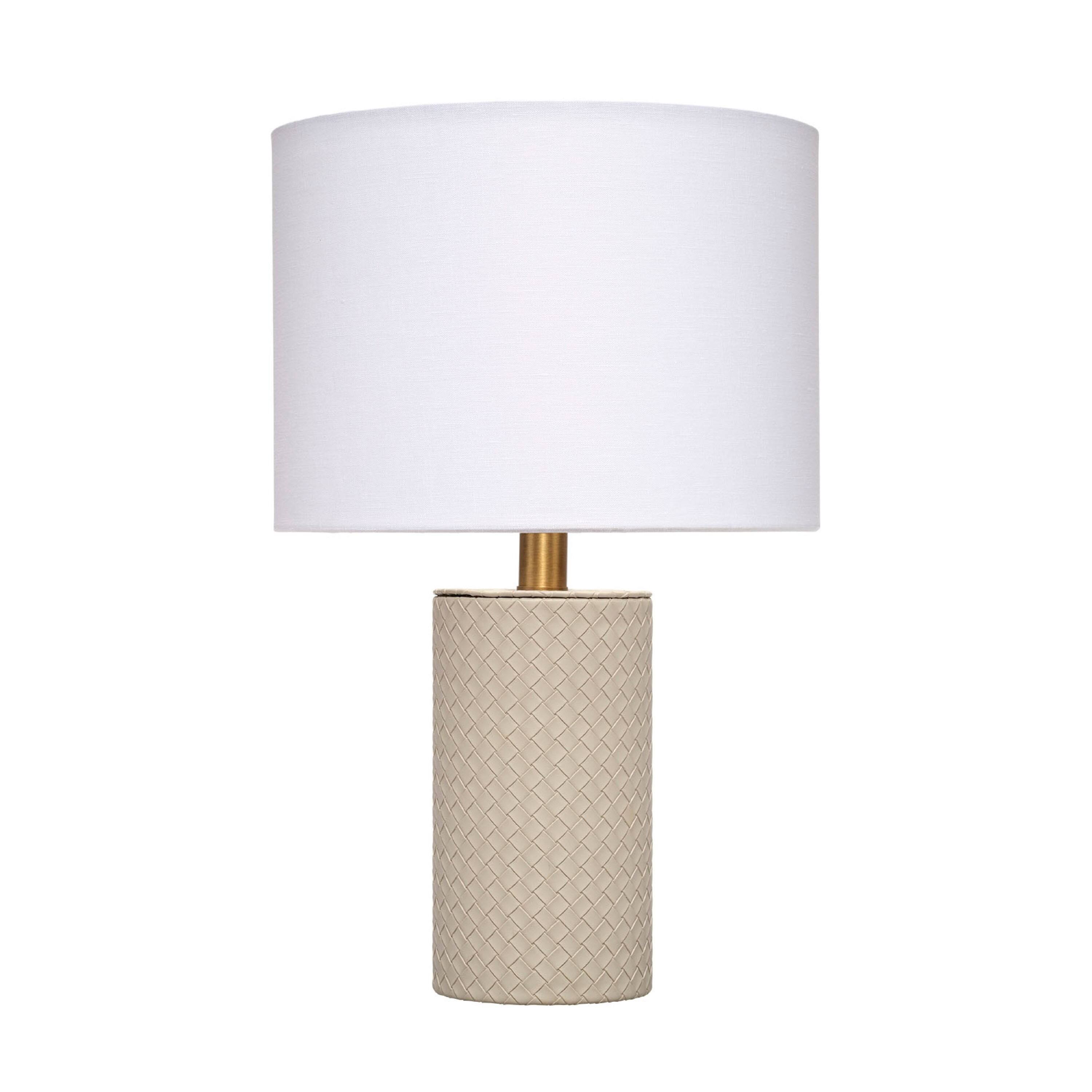 Angle. Manhattan Lane - Myn Table Lamp, 18 Inch, Linen Drum Shade, Leather Base - Gray, White, Brass.