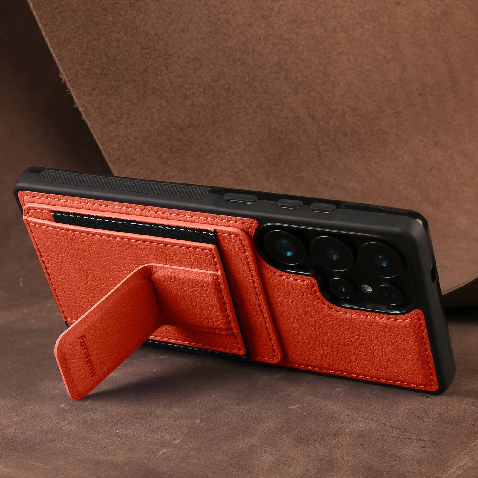 Angle. Dteck - Slim Card Holder Case for Samsung Galaxy S26 Ultra, Shockproof Wallet Protective Cover with Kickstand - Orange.