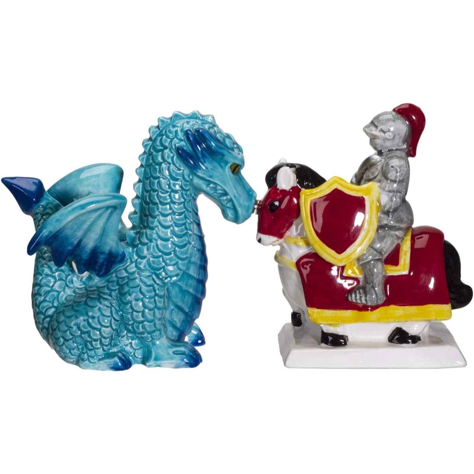 Left. Pacific Trading - Knight on Horse and Dragon Ceramic Salt and Pepper Shakers Set - Multicolor.