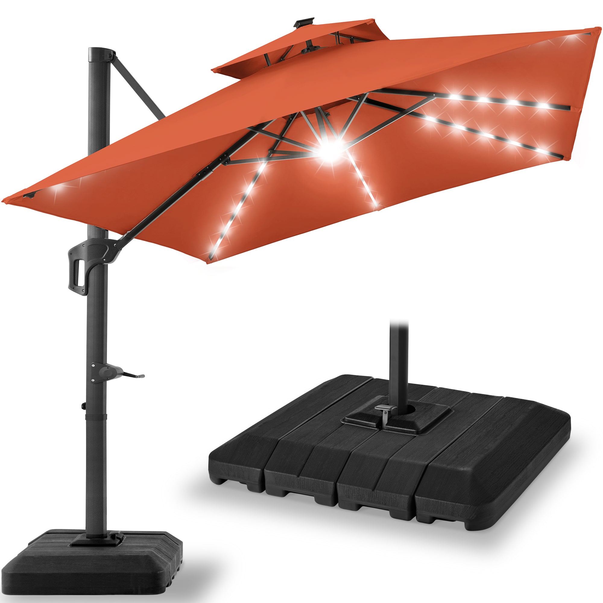 Best Choice Products - 10x10ft 2-Tier Square Outdoor Solar LED Cantilever Patio Umbrella w/ Base Included - Rust
