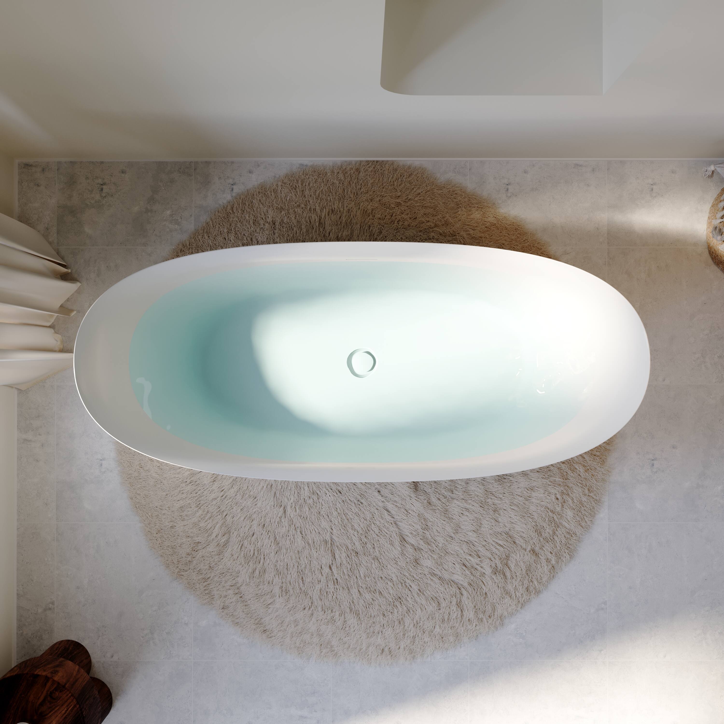 Left. WELLFOR - Villa 66 in. x 28.75 in. Acrylic Oval Freestanding Soaking Bathtub with Center Drain and Overflow - White.