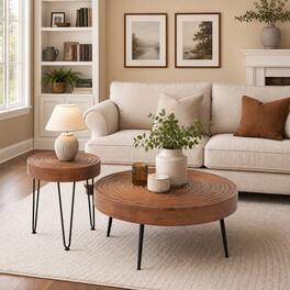 WELLFOR - Set of 2 Solid Wood Round Coffee Table with Metal Legs, Farmhouse Nesting Coffee Table Center Table for Living Rooms - Brown