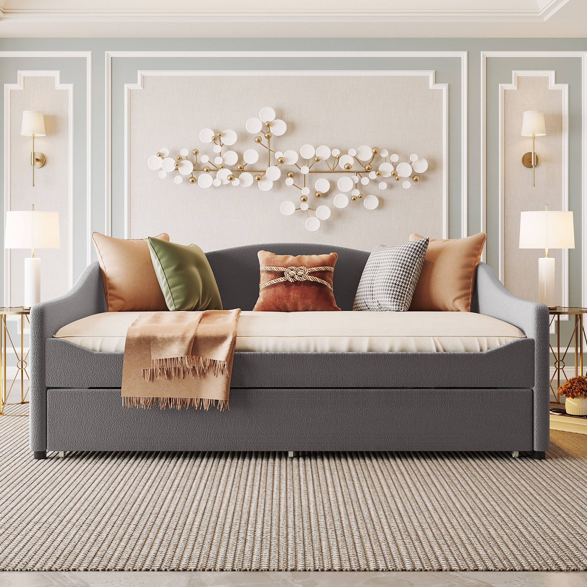 Angle. Tiramisubest - Teddy Fleece Full Size Upholstered Daybed with Light and Trundle, Gray - Gray.