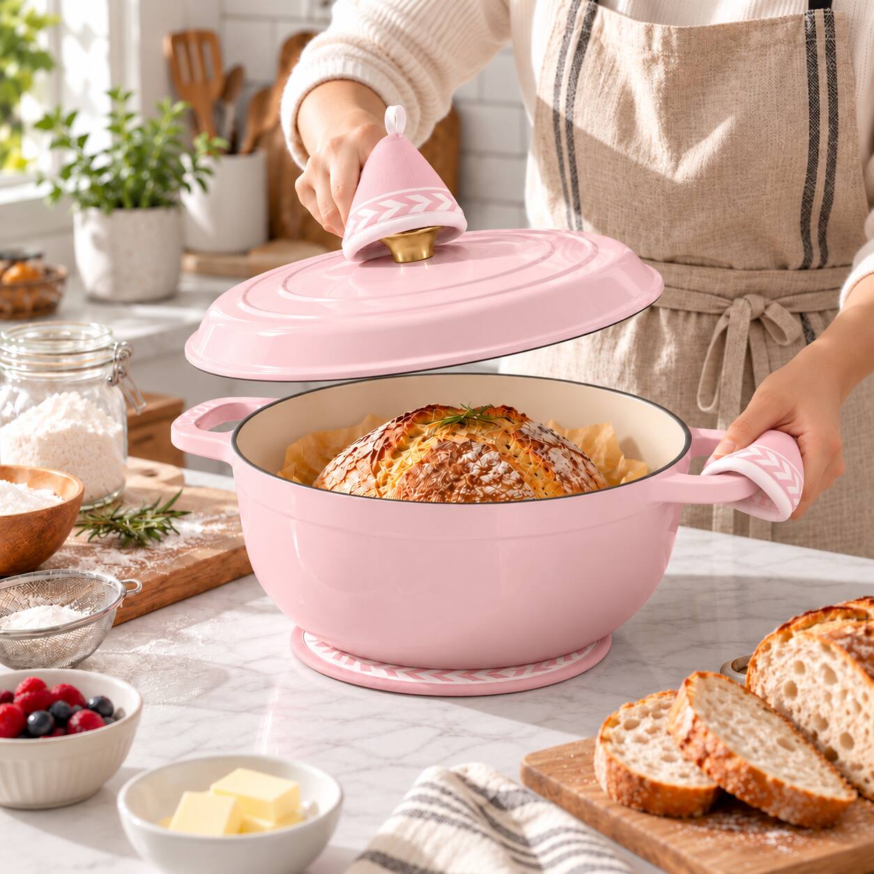Alt View 3. Winado - 6 QT Enameled Cast Iron Dutch Oven with Self Basting Lid， Heat-Resistant Gloves, Pot Mat for Bread Baking, Roasting New - Pink.