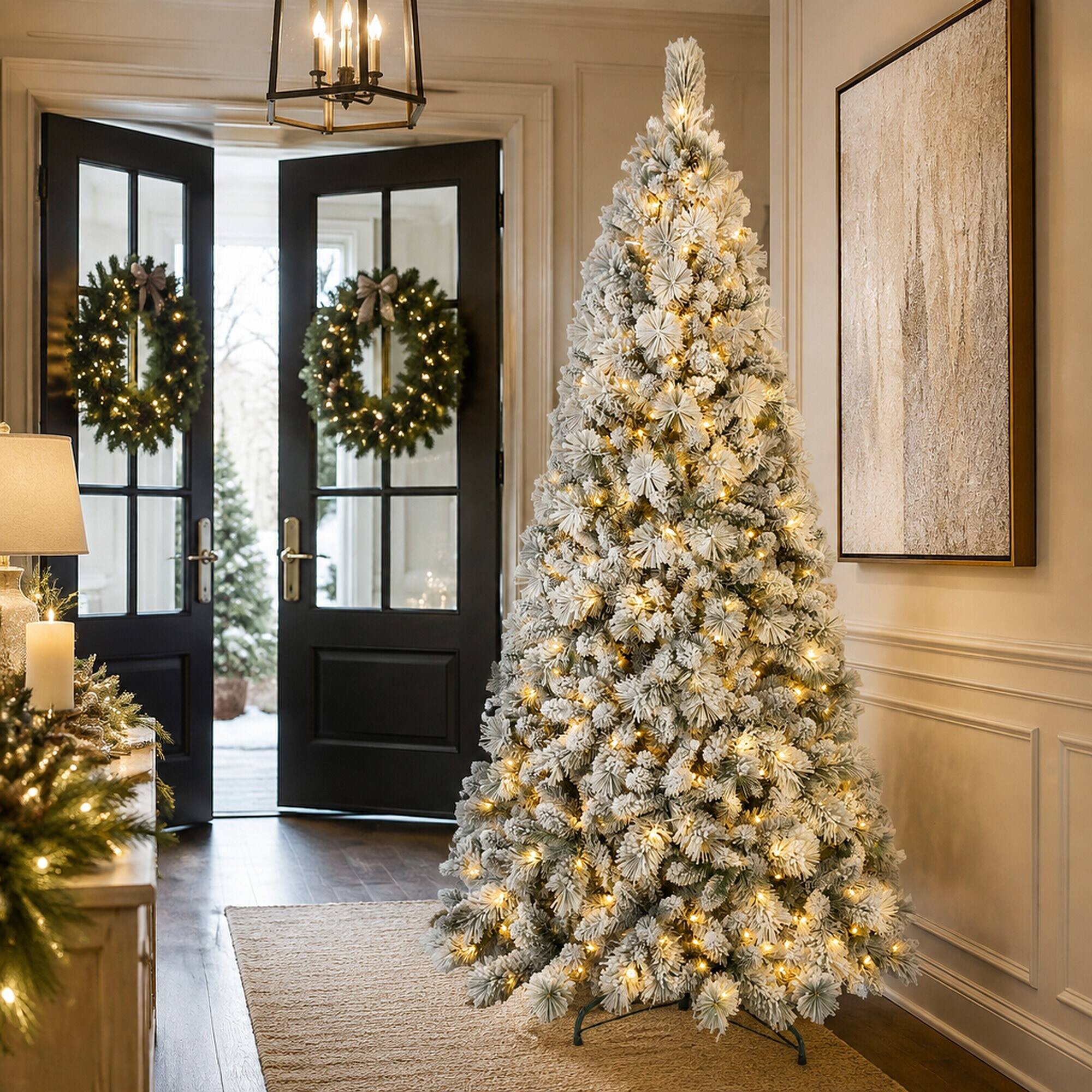Alt View 2. RYHNUYNE - 8FT Flocked Pre-Lit Christmas Tree, 600 Warm White LED Lights 1445 Tips PVC Hard Needle Hinged Design - Green,White.