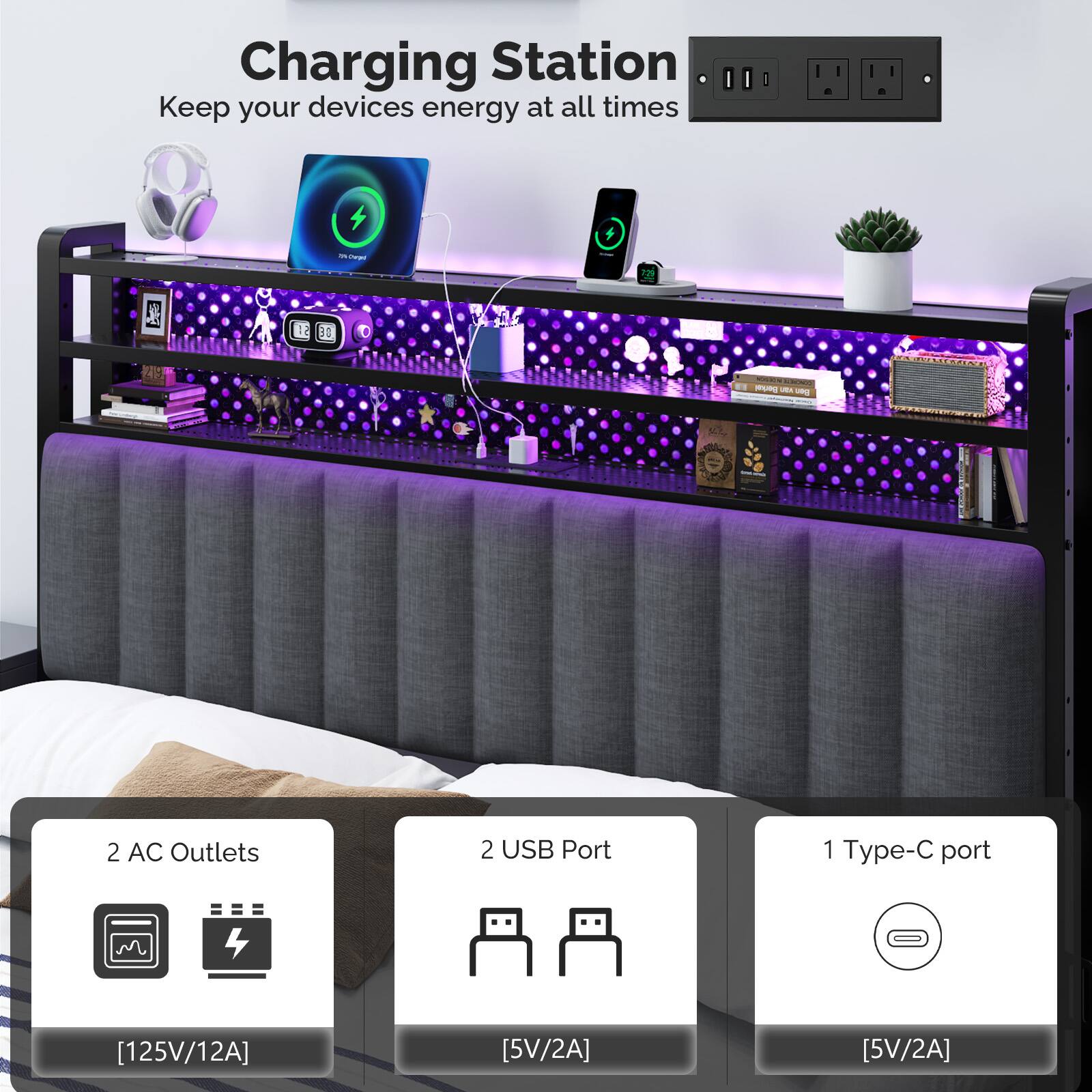 Charging Station  
Keep your devices energy at all times  

- 2 AC Outlets  
- 2 USB Port  
- 1 Type-C port  

[125V/12A]  
[5V/2A]  
[5V/2A]