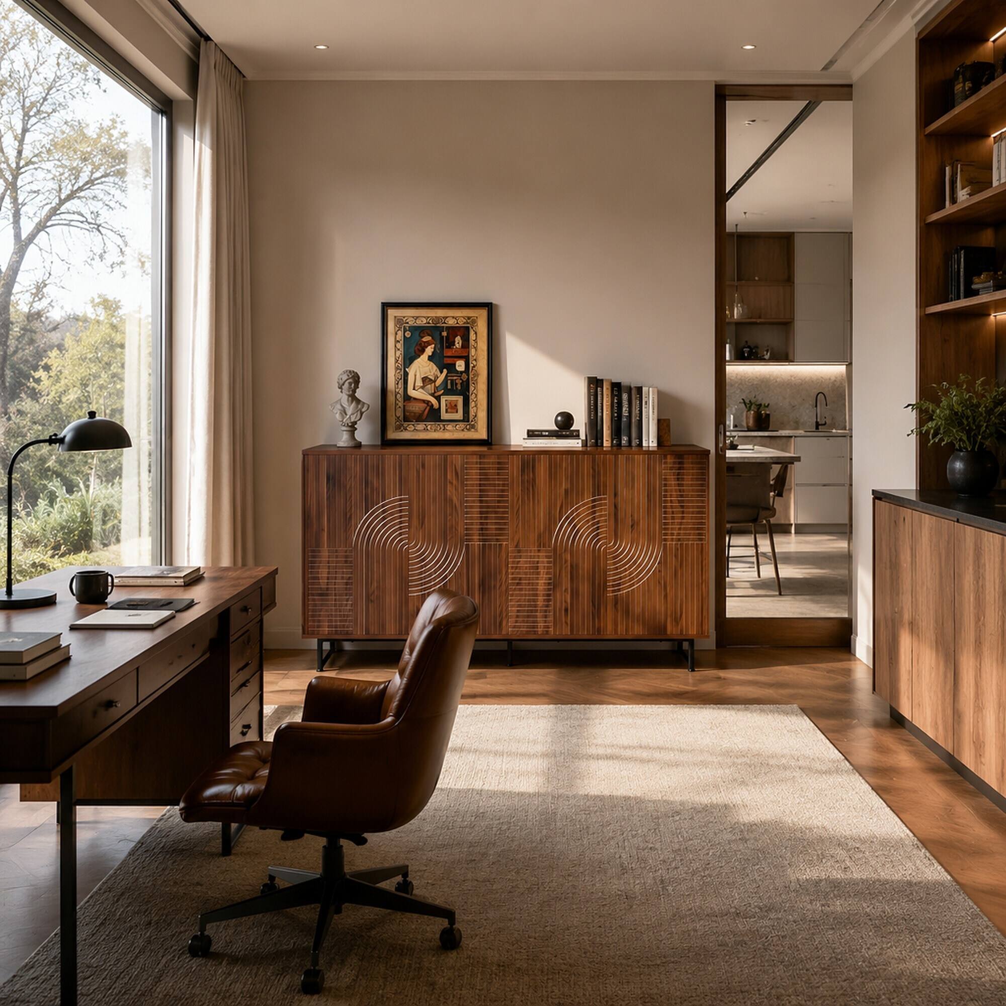 Left. RYHNUYNE - Freestanding Mid-Century Modern Walnut Sideboard Buffet Cabinet with Geometric Carved Storage, Metal Legs - Wood.