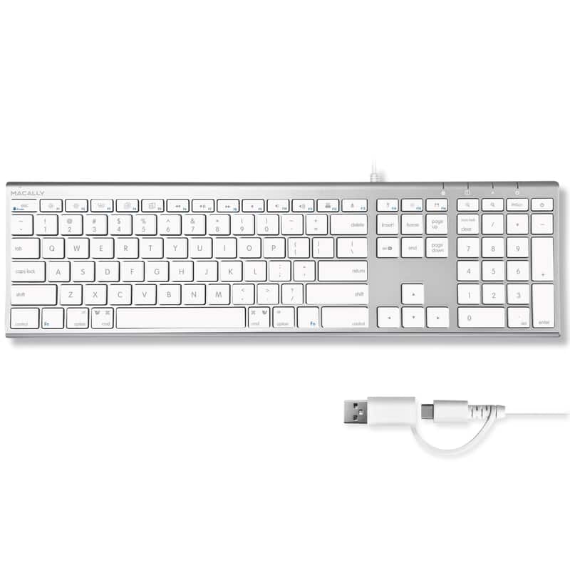 Macally - USB C Keyboard (Upgraded) - Dual USB A + C Plug - Wired Keyboard for Mac - Silver