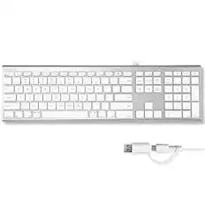 MACALLY. A wireless keyboard with a USB receiver. The keyboard layout includes:
- Top row: 1 2 3 4 5 6 7 8 9 0, with symbols: ! @ # $ % ^ & * ( ).
- Second row: Q W E R T Y U I O P.
- Third row: A S D F G H J K L, with a semicolon and apostrophe.
- Fourth row: Z X C V B N M, with a comma, period, and slash.
- Function keys: Tab, Caps Lock, Shift, Ctrl, Fn, Alt, and others.
- Additional keys: Insert, Home, Page Up, Delete, End, Page Down, and arrow keys.
- A large touchpad in the center.
The keyboard is compact and designed for portability.