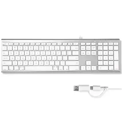 MACALLY. A wireless keyboard with a USB receiver. The keyboard layout includes:
- Top row: 1 2 3 4 5 6 7 8 9 0, with symbols: ! @ # $ % ^ & * ( ).
- Second row: Q W E R T Y U I O P.
- Third row: A S D F G H J K L, with a semicolon and apostrophe.
- Fourth row: Z X C V B N M, with a comma, period, and slash.
- Function keys: Tab, Caps Lock, Shift, Ctrl, Fn, Alt, and others.
- Additional keys: Insert, Home, Page Up, Delete, End, Page Down, and arrow keys.
- A large touchpad in the center.
The keyboard is compact and designed for portability.