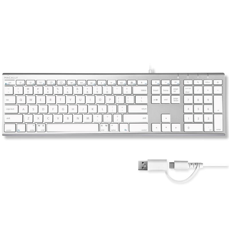 Macally - USB C Keyboard (Upgraded) - Dual USB A + C Plug - Wired Keyboard for Mac - Silver