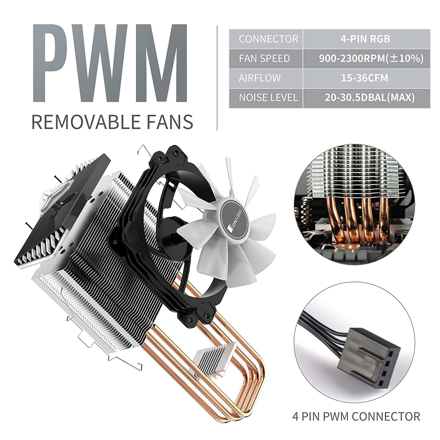CONNECTOR: 4-PIN RGB  
FAN SPEED: 900-2300RPM (±10%)  
AIRFLOW: 15-36CFM (MAX)  
NOISE LEVEL: 20-30.5DBAL (MAX)  
REMOVABLE FANS  
4 PIN PWM CONNECTOR