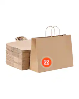 VEVOR - Kraft Paper Bags with Handles, 50Pcs 16 x 6 x 12 in, Large Paper Grocery Bags, Reusable & Recycled Brown Take-Out Sacks - Natural / Brown