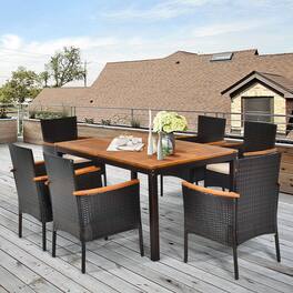 Gymax - 7PCS Rattan Outdoor Dining Set Patio Furniture Set w/ Cushions Umbrella Hole - Black