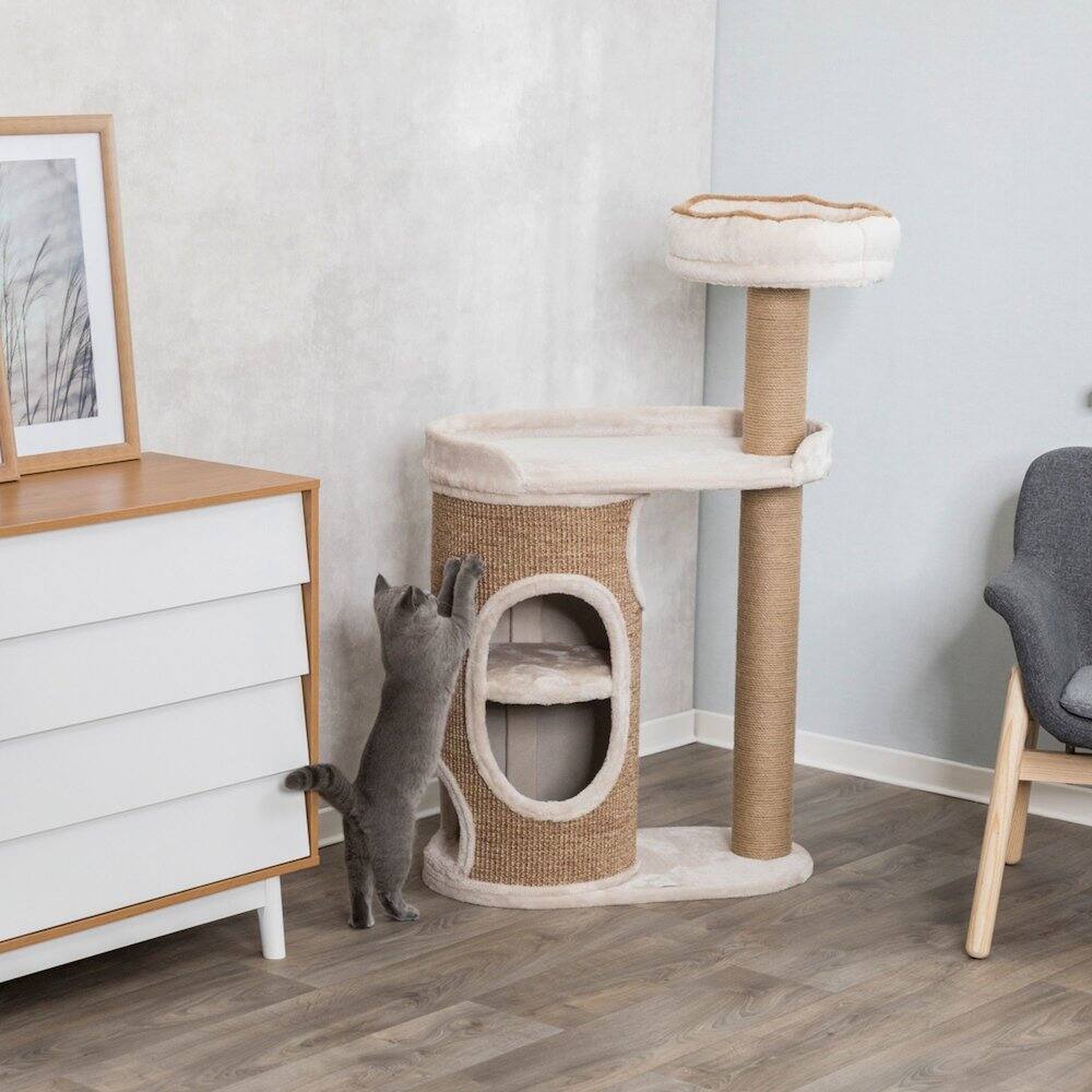 Left. TRIXIE - Falco Plush & Sisal 2-Level 46" Cat Tree, Scratching Posts & 2-Story Condo - Light Gray-Greige.