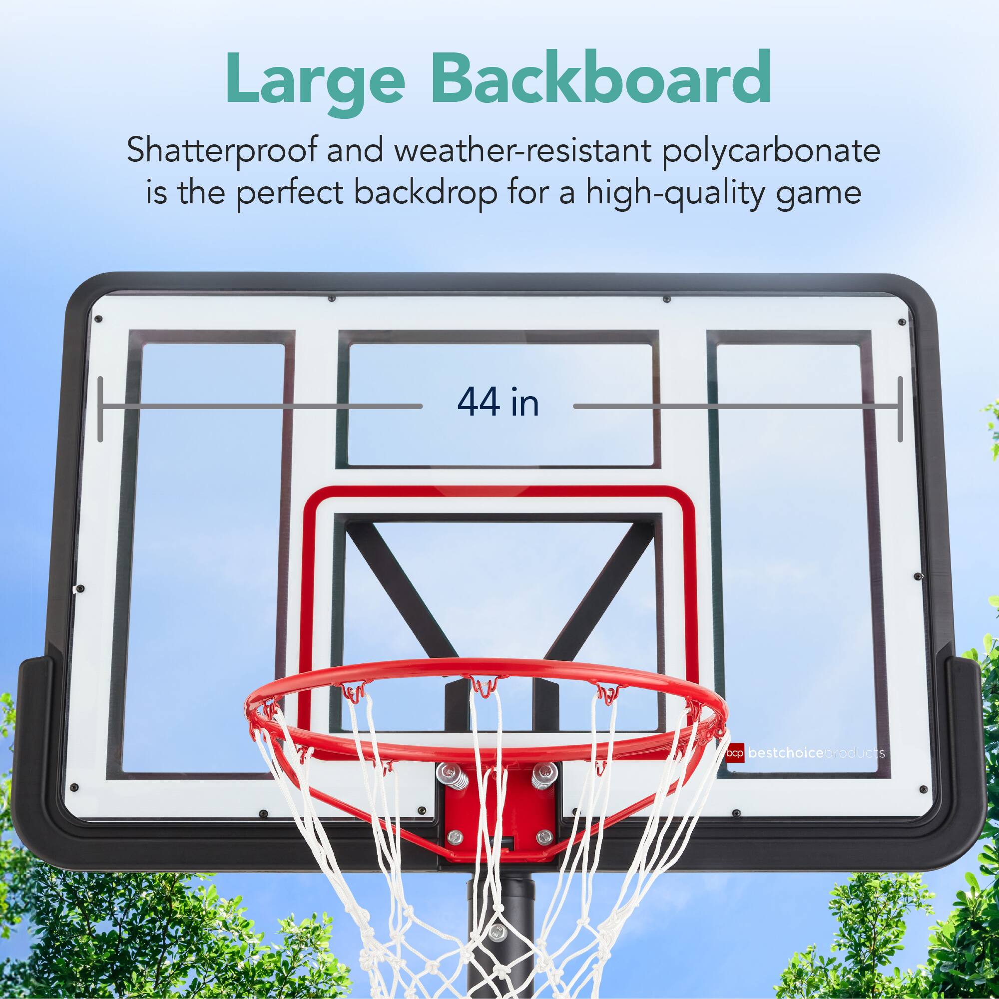 Large Backboard

Shatterproof and weather-resistant polycarbonate is the perfect backdrop for a high-quality game

44 in

bestchoiceproducts