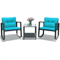Costway 3PCS Patio Rattan Furniture Set Rocking Chairs Cushioned Conversation Set - Blue - Front_Zoom