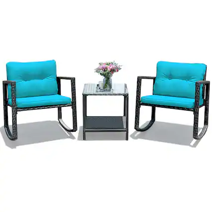 Front. Costway - 3PCS Patio Rattan Furniture Set Rocking Chairs Cushioned Conversation Set - Blue.