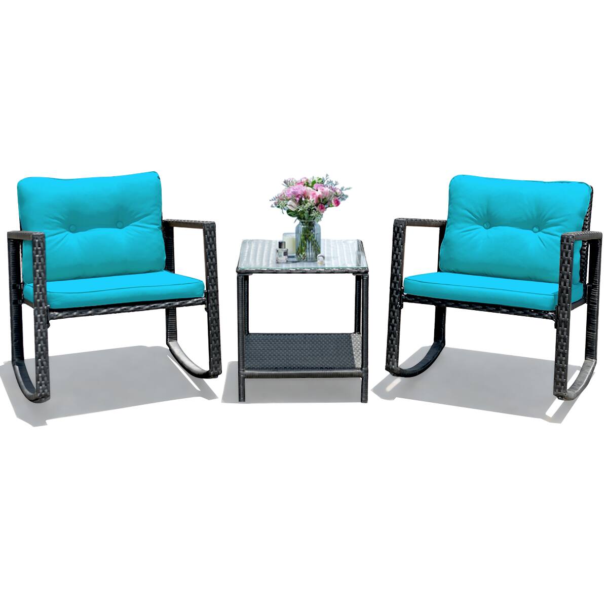 Costway - 3PCS Patio Rattan Furniture Set Rocking Chairs Cushioned Conversation Set - Blue