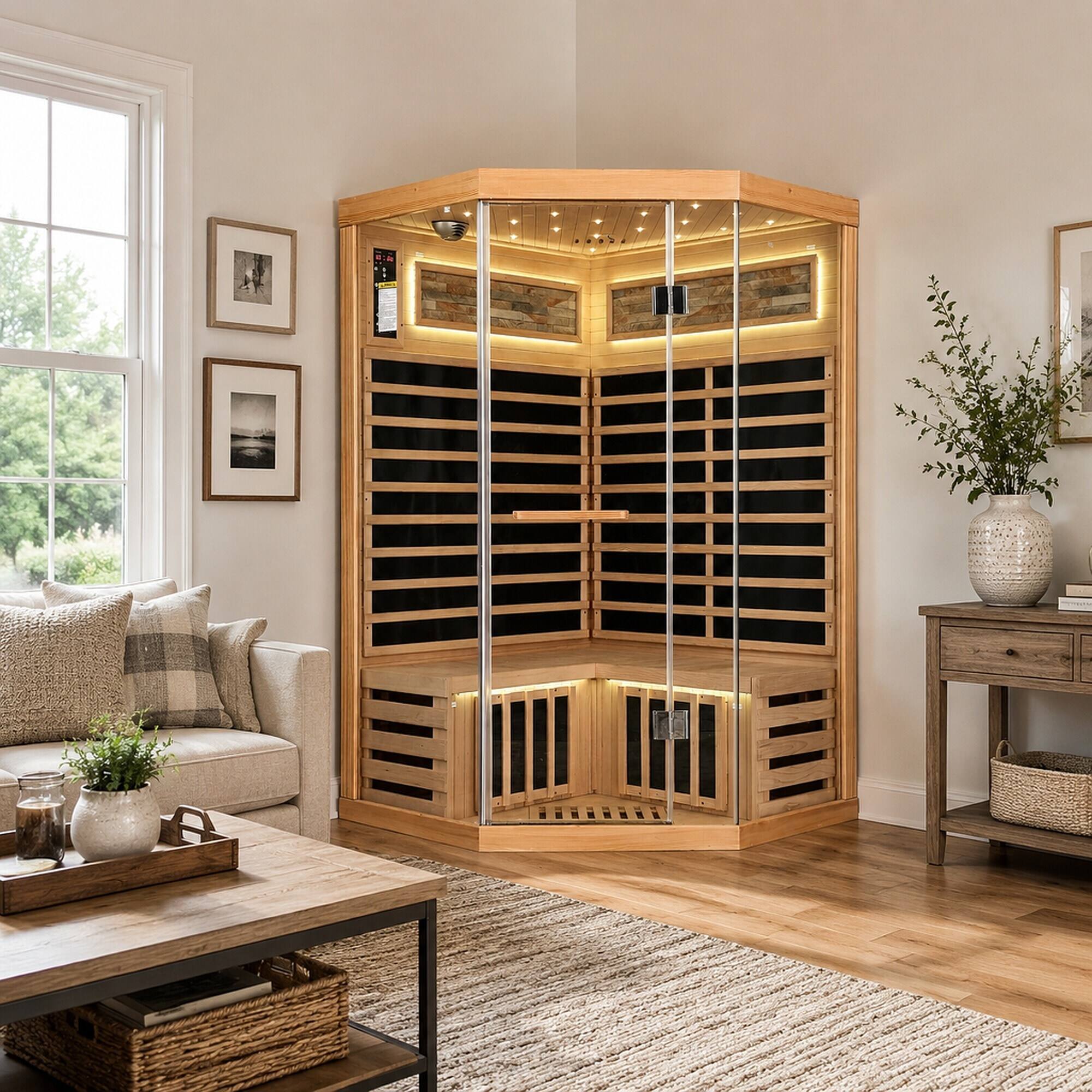 Alt View 1. RYHNUYNE - Double Sauna Room, 120 x 120 x 190 cm, Canadian Hemlock Wood, 1935W Carbon Plate Heating, 7 Heating Plates, Starry Sky - Ameican White Oak.