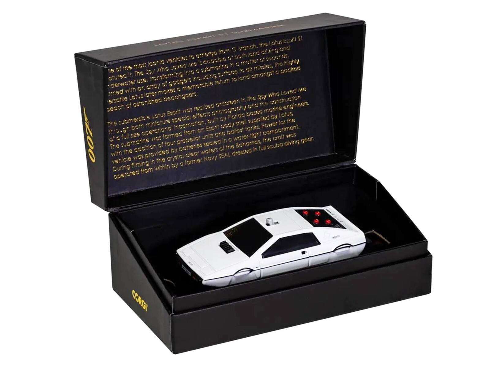 The text on the image reads:

"he of its most iconic vehicles to emerge from a branch, the Lotus Esprit S1, was used in the 1977 film The Spy Who Loved Me. The submarine was released, the Lotus Esprit S1 was transformed into a submarine in a matter of seconds, armed with an array of gadgets, including a harpoon gun and a missile launcher. The submarine was operated by a former Navy SEAL dressed in full scuba diving gear. The submarine was a full-size replica, built by Ford and supplied by Lotus, with the cockpit and engine compartment, four propeller units, and a water-tight compartment. During filming in the Bahamas, the craft was operated from within the crystal-clear waters of the Bahamas."