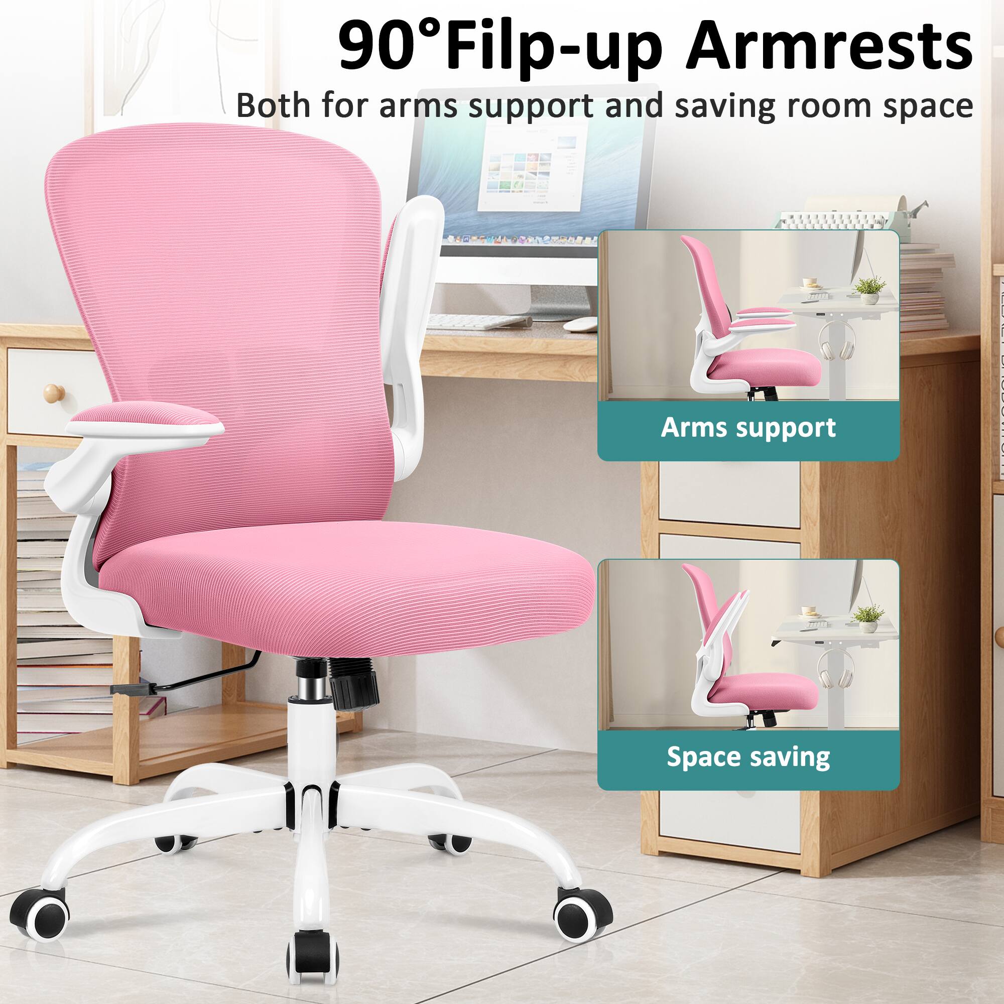 90° Flip-up Armrests  
Both for arms support and saving room space  
Arms support  
Space saving