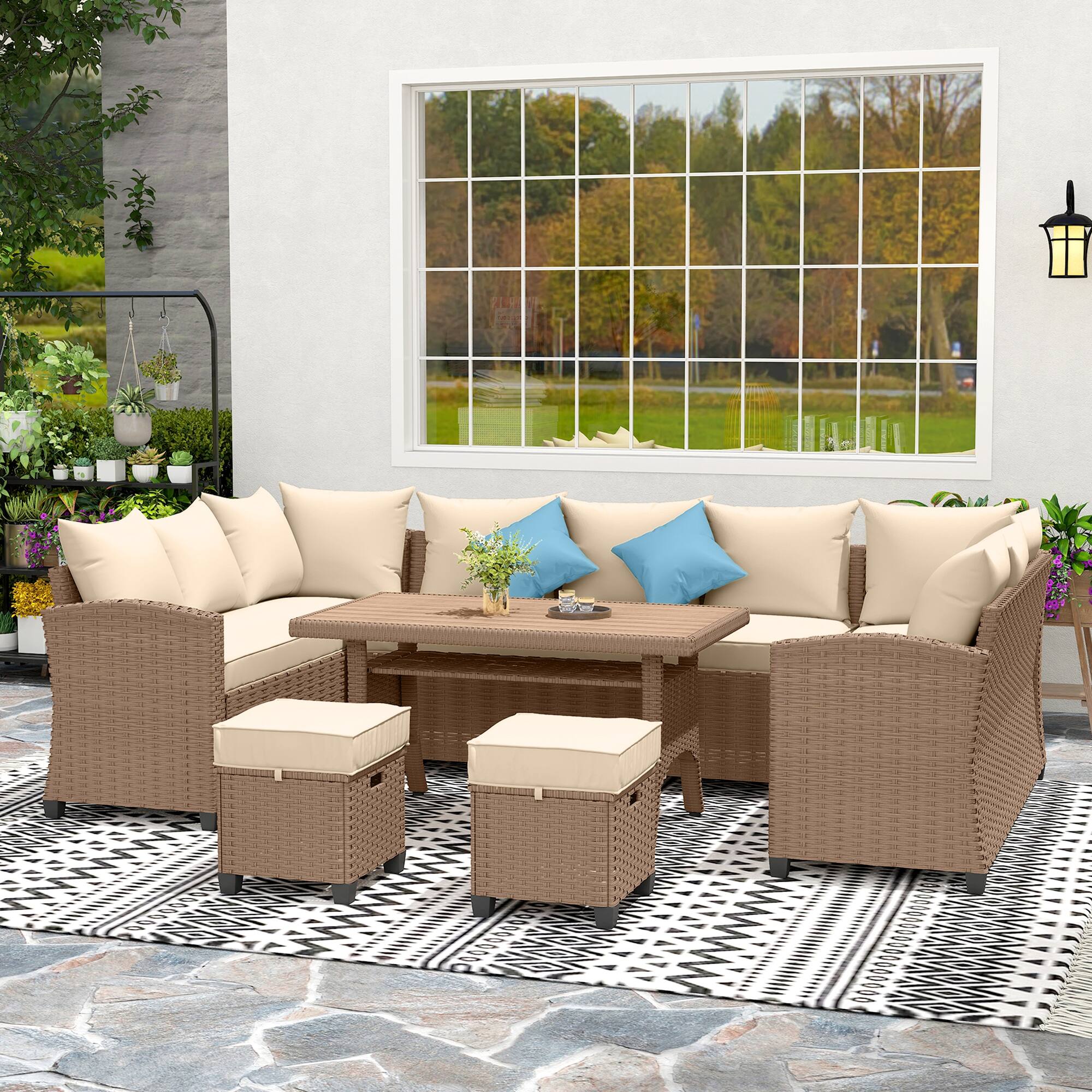 Alt View 1. Outsunny - 6 Piece Patio Furniture Set, PE Wicker Outdoor Furniture Conversation Set with 3 Sofas - Khaki.