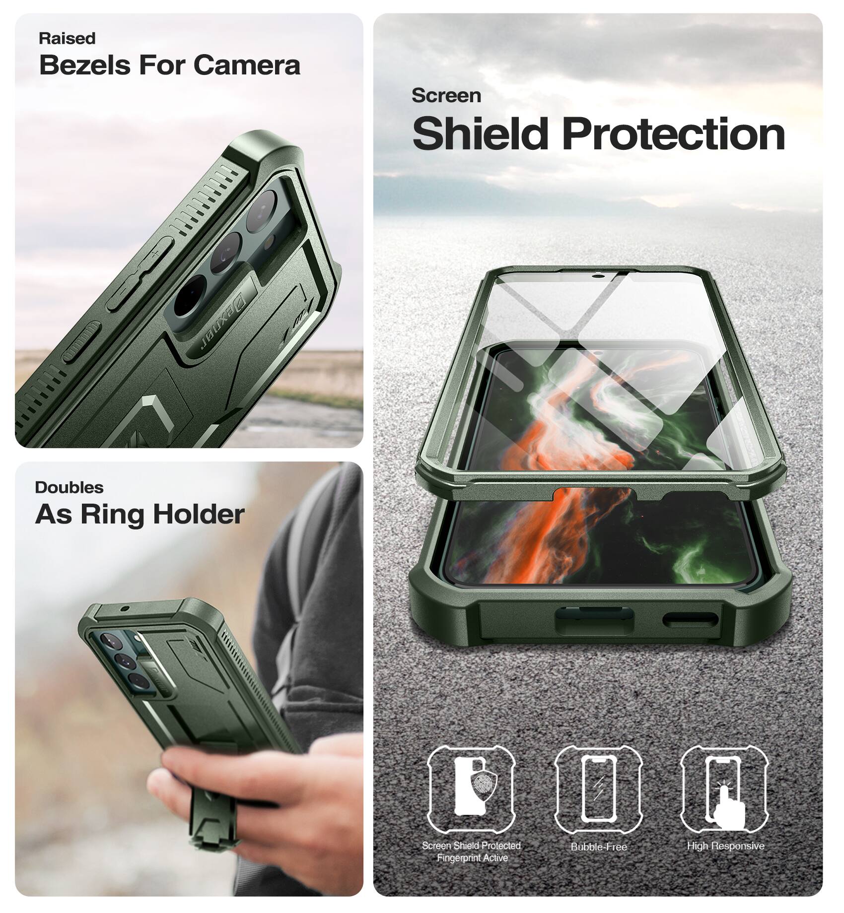 Raised Bezels For Camera  
Screen Shield Protection  
Doubles As Ring Holder  

Screen Shield Protected  
Fingerprint Active  
Bubble-Free  
High Responsive