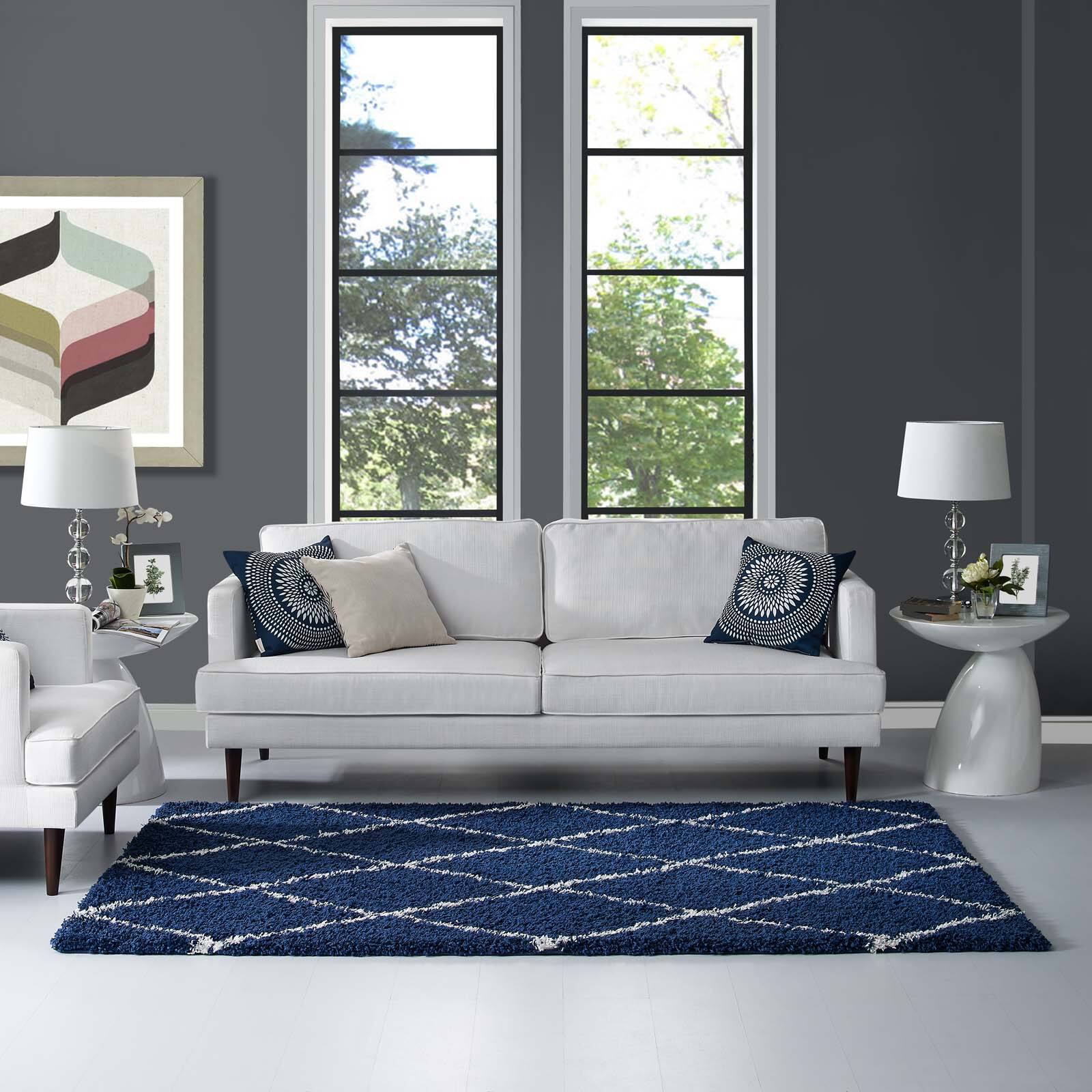 Left. Modway - Toryn Diamond Lattice Shag Area Rug - Navy and Ivory.