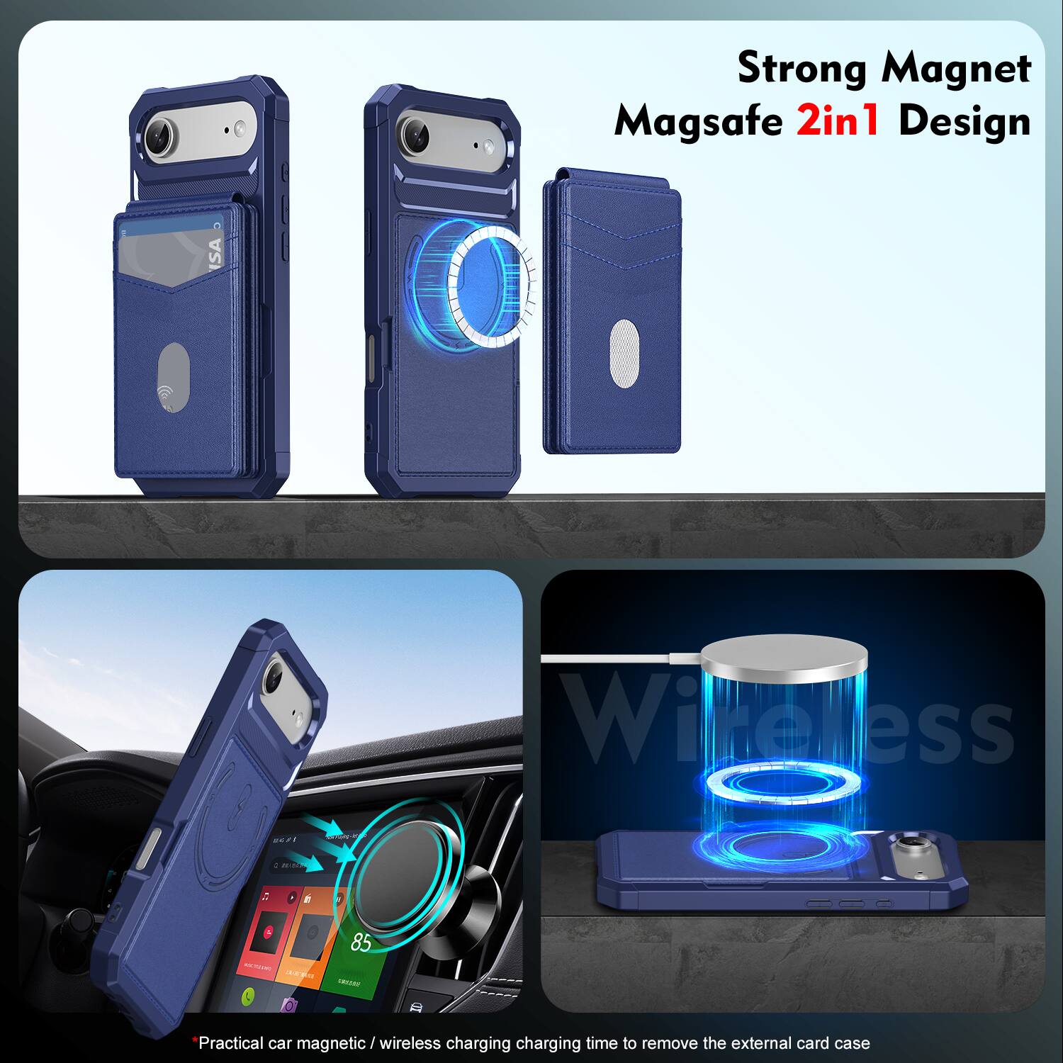Strong Magnet Magsafe 2in1 Design

Practical car magnetic / wireless charging charging time to remove the external card case