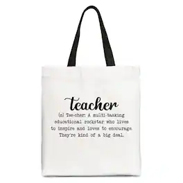 OrnamentallyYou - Teacher Definition Canvas Tote Bag, Inspirational Quote Gift Shopper for Educators - White Black