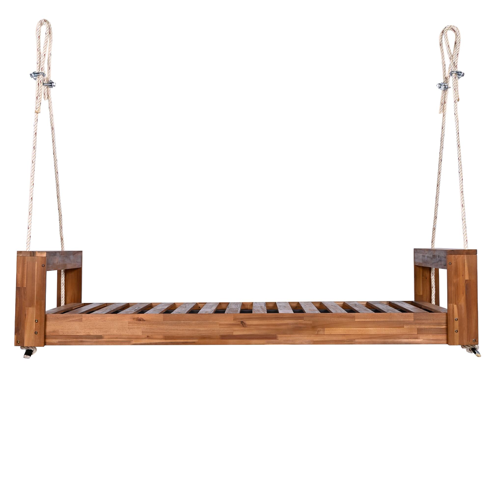 Alt View 4. GOODSILO - Twin Size Porch Swing Bed - Acacia Wood Swing Frame with Hemp Ropes for Garden & Backyard - Natural.
