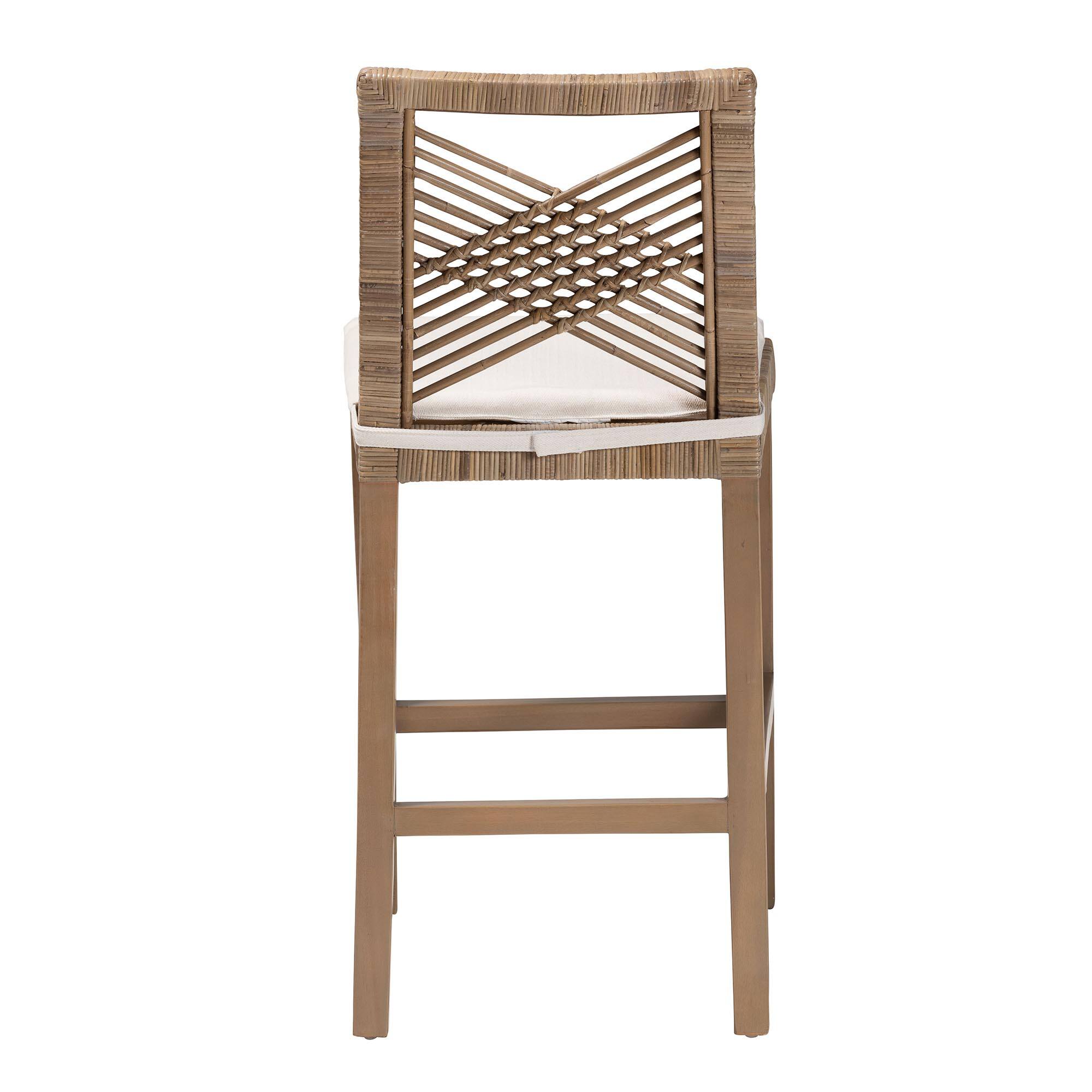 Back. bali & pari - Poltak Modern Bohemian Natural Kubu Rattan and Mahogany Wood Counter Stool - Kubu Grey/Rustic Taupe.
