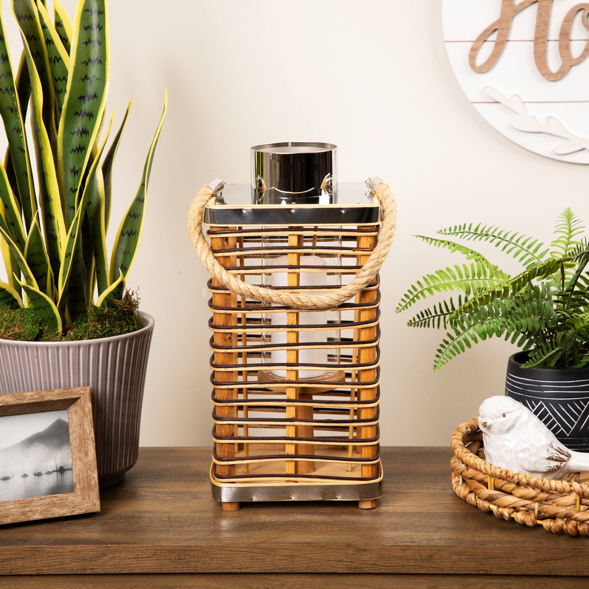 Northlight - Rectangular Rattan Glass Candle Lantern with Jute Handle - 15.5" - Brown