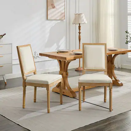 Front. GOODSILO - Elegant French Style Dining Chairs Set of 2 with Square Backrest and Carved Wood Frame for Home and Restaurant - Beige.