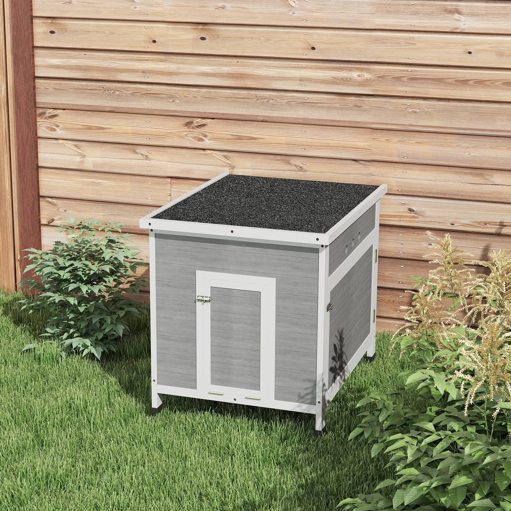 Alt View 8. Pawhut - Duck Coop with Openable Roof, Removable Floor, Double Doors, Ramp, for 2-4 Ducks, Chickens - Light Gray.