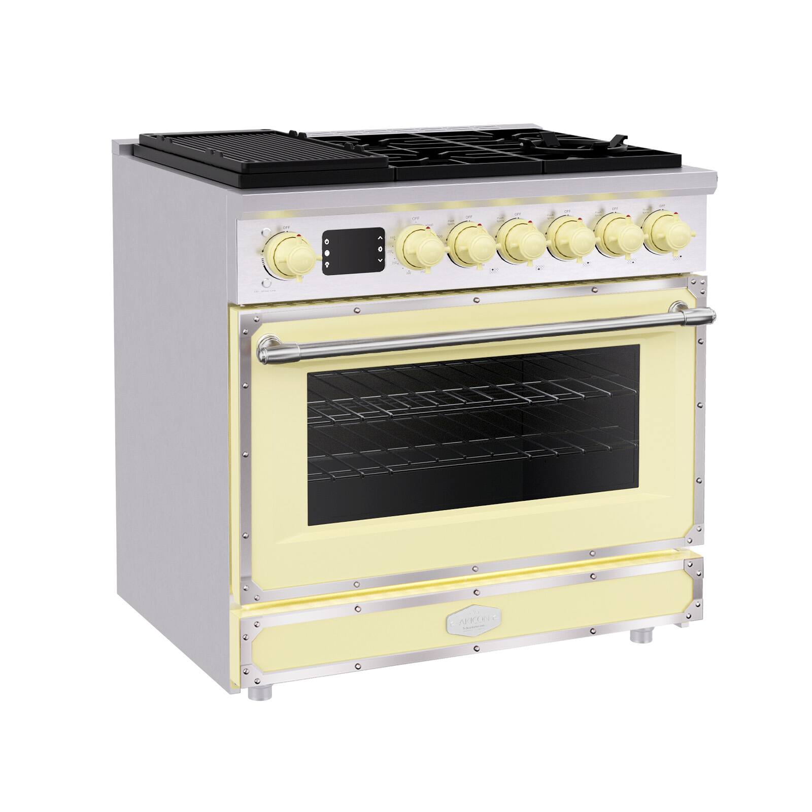 Front. Akicon - Akicon 4.2 Cu.ft Freestanding Gas Rapid Convection Range with 6 Sealed Burners and Cast Iron Grates in Cream Yellow - Cream Yellow.