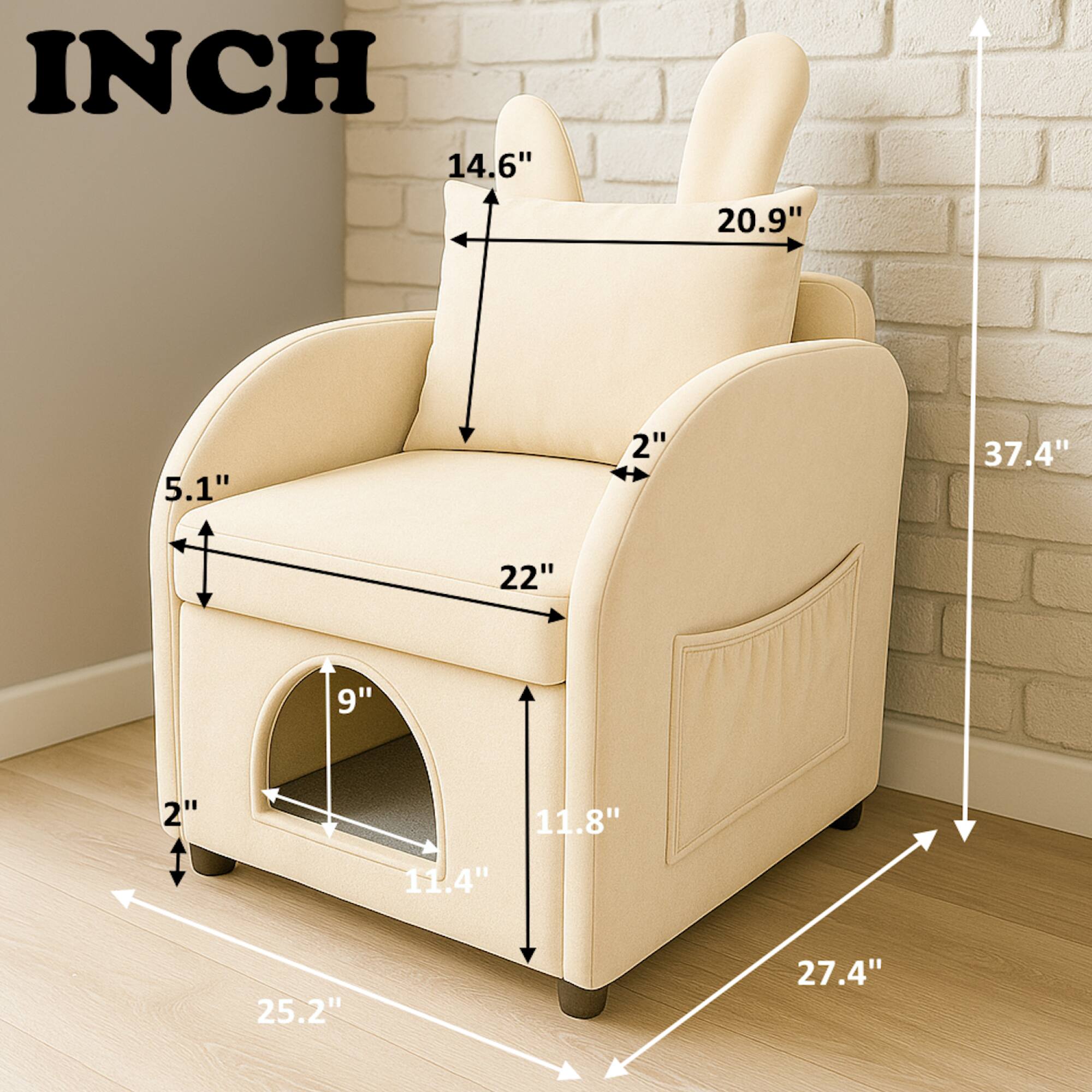 Sure, here is the corrected and grouped text from the image:

- **INCH**
- **14.6"** (height of the backrest)
- **20.9"** (width of the backrest)
- **5.1"** (depth of the seat)
- **2"** (thickness of the armrest)
- **37.4"** (overall height)
- **22"** (width of the seat)
- **9"** (depth of the storage compartment)
- **2"** (thickness of the base)
- **11.4"** (width of the storage compartment)
- **11.8"** (depth of the storage compartment)
- **25.2"** (width of the base)
- **27.4"** (depth of the base)