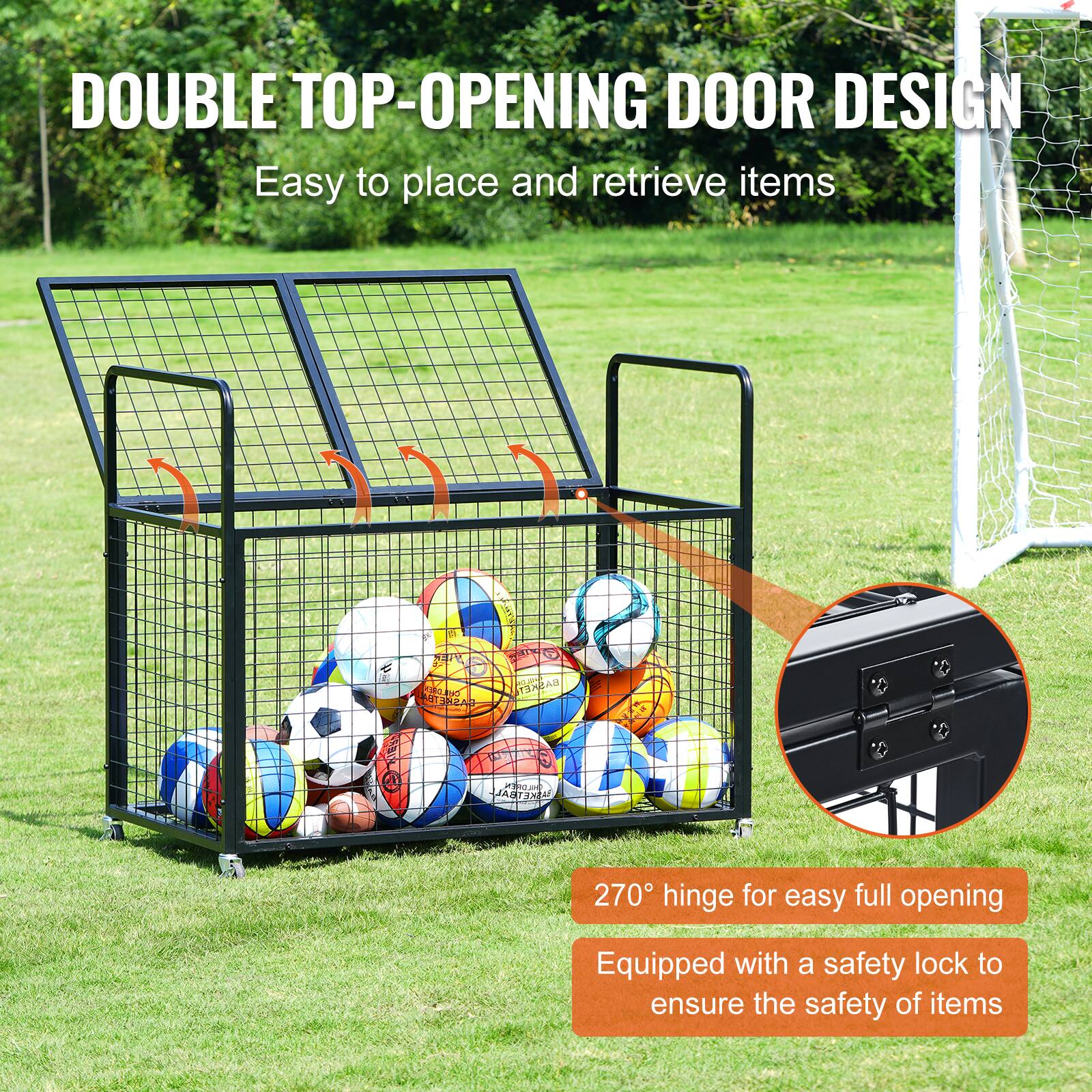 DOUBLE TOP-OPENING DOOR DESIGN  
Easy to place and retrieve items  

270° hinge for easy full opening  
Equipped with a safety lock to ensure the safety of items