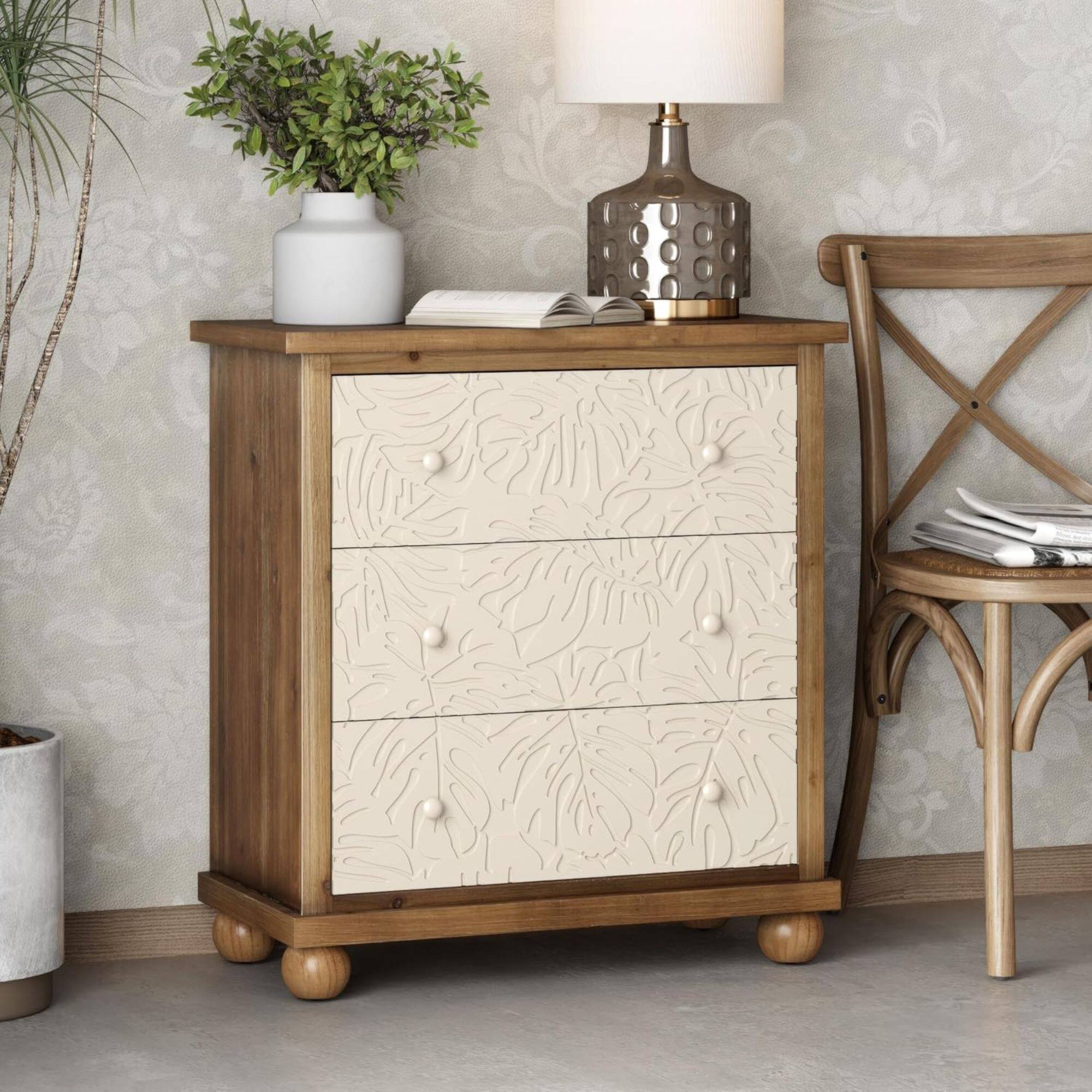 Alt View 5. COZAYH - COZAYH Rustic Farmhouse Dresser with Carved Leaves Pattern & 3 Drawers, Set of 2 - White & Brown.