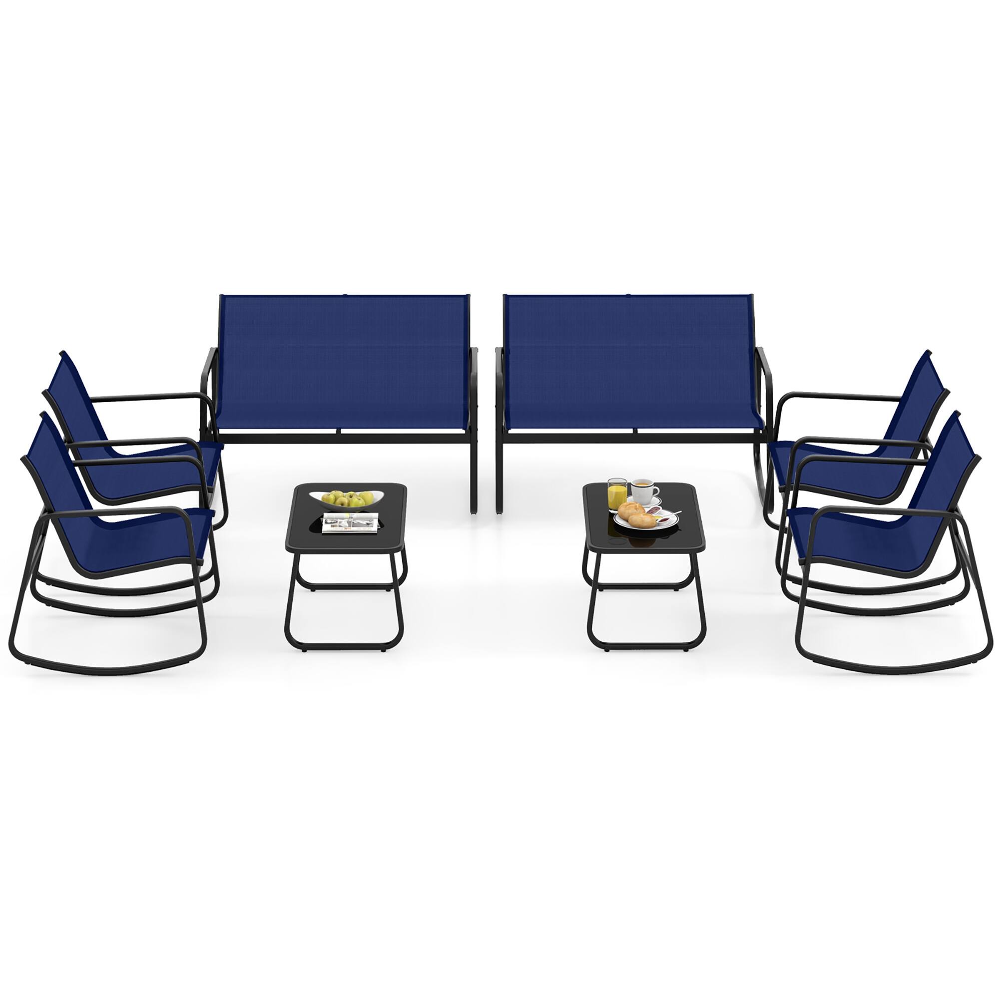 Gymax - Set Of 8 Outdoor Patio Rocking Set 4 Rocking Chairs & Loveseat w/ Glass-Top Table - Navy price history on PriceWatchPro